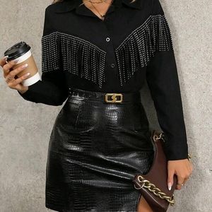 NEW Chic Black Studded Fringe Blouse